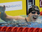 Katie Ledecky of United States reacts after the women's 1500m freestyle finals at the World Swimming Championships in Fukuoka, Japan, Tuesday, July 25, 2023.