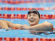 Katie Ledecky of the U.S. celebrates after winning the women's 800m freestyle final at the World Swimming Championships in Fukuoka, Japan, Saturday, July 29, 2023.