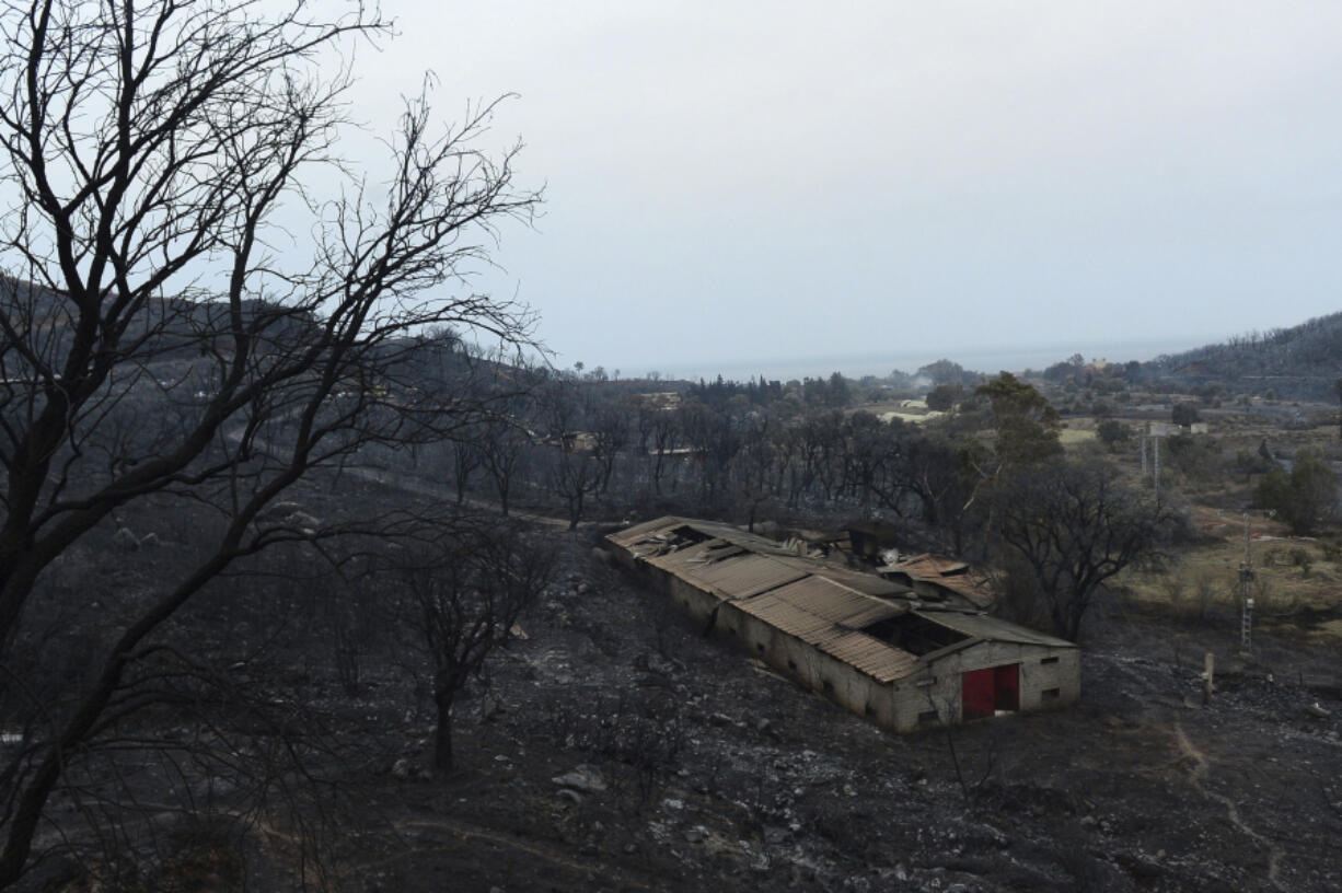 A view of a burnt house and forest, in Bouira, 100 km from Algiers, Algeria, Monday, July 24, 2023. Wildfires raging across Algeria have killed at least 25 people, including soldiers trying to get the flames under control in the face of high winds and scorching summer temperatures, government ministries said Monday.