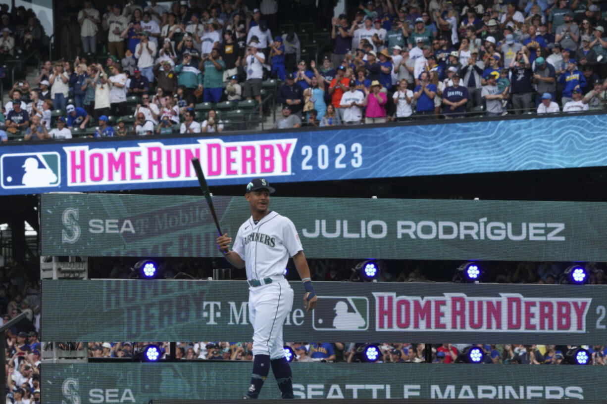 American League's Julio Rodriguez is introduced at the start of the MLB All-Star baseball Home Run Derby in Seattle, Monday, July 10, 2023.