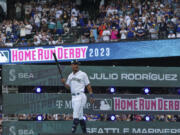 American League's Julio Rodriguez is introduced at the start of the MLB All-Star baseball Home Run Derby in Seattle, Monday, July 10, 2023.