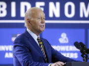 President Joe Biden speaks during a stop at a solar manufacturing company that's part of his "Bidenomics" rollout on Thursday, July 6, 2023, in West Columbia, S.C.