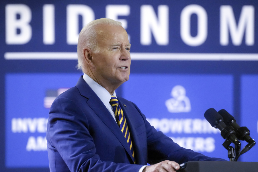 President Joe Biden speaks during a stop at a solar manufacturing company that's part of his "Bidenomics" rollout on Thursday, July 6, 2023, in West Columbia, S.C.