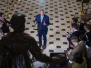 Speaker of the House Kevin McCarthy, R-Calif., talks to reporters following the visit and address to Congress by Israeli President Isaac Herzog, during a news conference at the Capitol in Washington, Wednesday, July 19, 2023. (AP Photo/J.