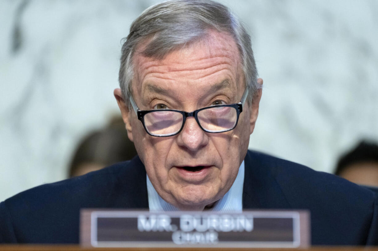 FILE - Senate Judiciary Oversight Committee Chair Sen. Dick Durbin, D-Ill., speaks during a hearing June 13, 2023, on Capitol Hill in Washington. The Senate Judiciary Committee will vote Thursday, July 20 on a new ethics code for the Supreme Court, an attempt to respond to recent revelations about justices' interactions with wealthy donors and others.