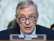 FILE - Senate Judiciary Oversight Committee Chair Sen. Dick Durbin, D-Ill., speaks during a hearing June 13, 2023, on Capitol Hill in Washington. The Senate Judiciary Committee will vote Thursday, July 20 on a new ethics code for the Supreme Court, an attempt to respond to recent revelations about justices' interactions with wealthy donors and others.