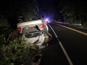 One of the cars that was swept up in flooding that occurred on Washington Crossing Rd., near Houghs Creek, in the Washington Crossing, Pa. area on Sat. July 15, 2023. Several people were killed when torrential rains in area cause fast rising floodwaters washing away cars.