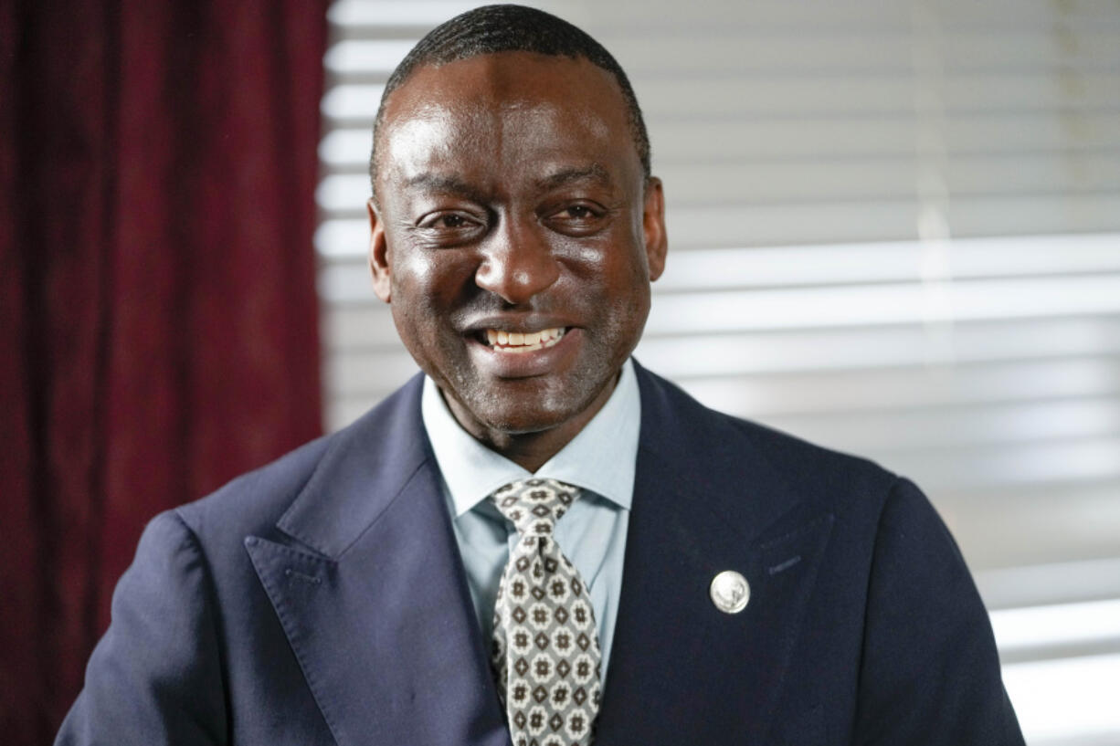 New York City Council candidate Yusef Salaam smiles during an interview with The Associated Press, Wednesday, May 24, 2023, in New York. Salaam is one of three candidates in a competitive June 27 Democratic primary. With early voting already begun, he faces two seasoned political veterans: New York Assembly members Al Taylor, 65, and Inez Dickens, 73, who previously represented Harlem on the City Council.