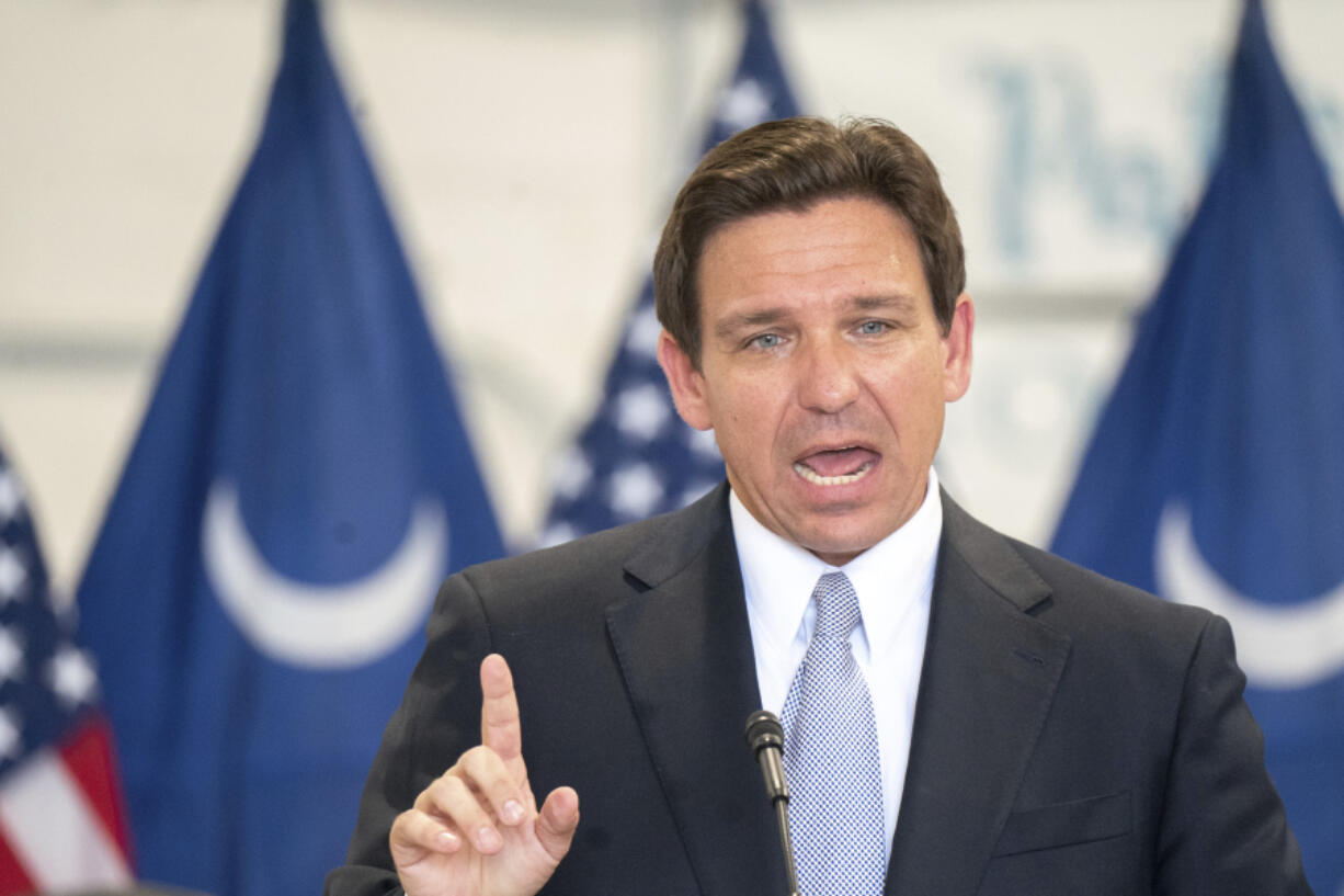 Florida Governor and Republican presidential candidate Ron DeSantis speaks during a press conference at the Celebrate Freedom Foundation Hangar in West Columbia, S.C. July 18, 2023. For DeSantis, Tuesday was supposed to mark a major moment to help reset his stagnant Republican presidential campaign. But yet again, the moment was overshadowed by Donald Trump.