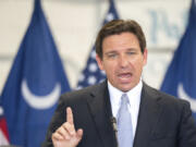 Florida Governor and Republican presidential candidate Ron DeSantis speaks during a press conference at the Celebrate Freedom Foundation Hangar in West Columbia, S.C. July 18, 2023. For DeSantis, Tuesday was supposed to mark a major moment to help reset his stagnant Republican presidential campaign. But yet again, the moment was overshadowed by Donald Trump.