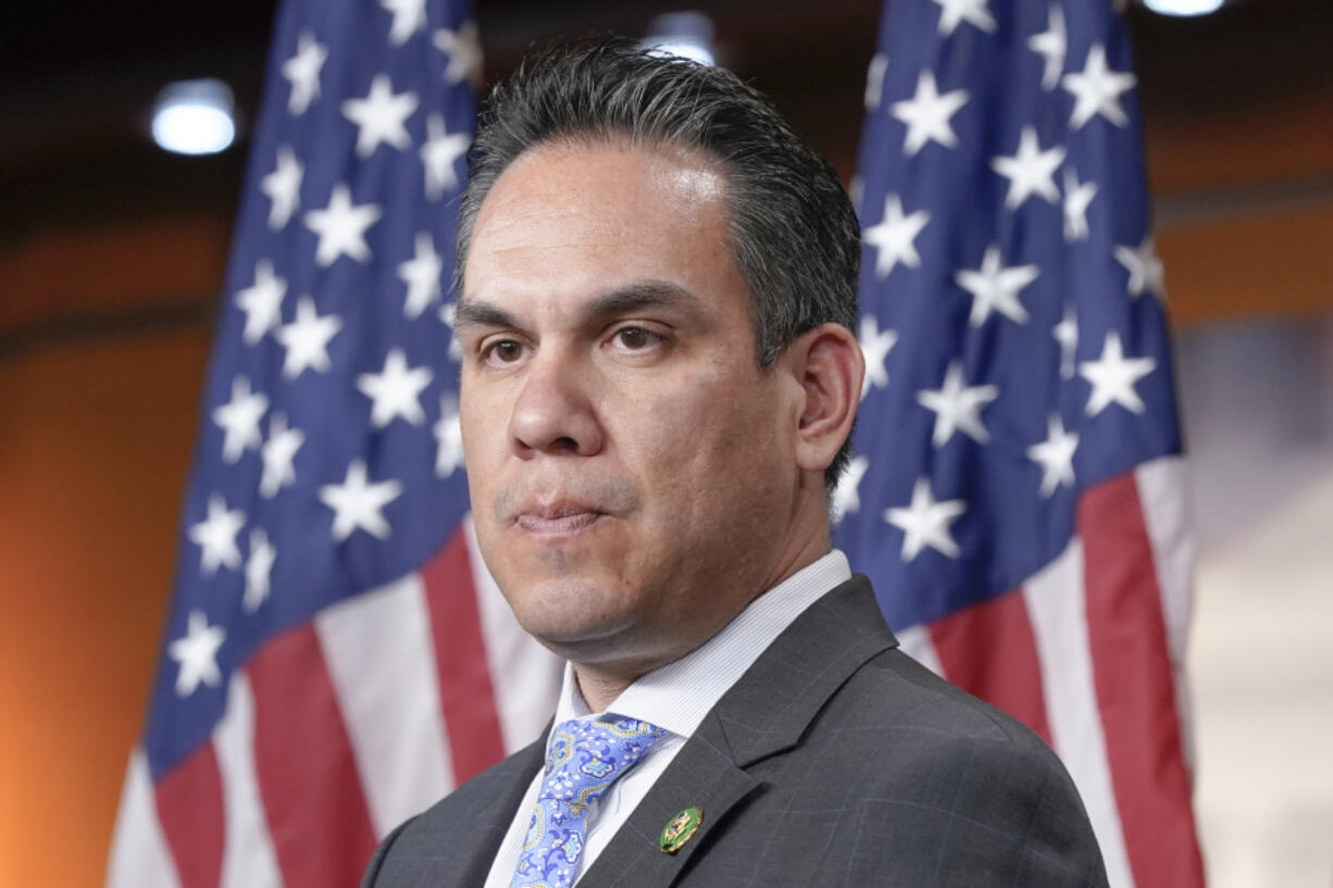 FILE 0 Rep. Pete Aguilar, D-Calif., listens during a news conference Wednesday, May 24, 2023, on Capitol Hill in Washington. California is again emerging as a critical battleground in the fight to control the U.S. House. Leaders in both parties are predicting they can flip seats in the liberal state in next year's election.