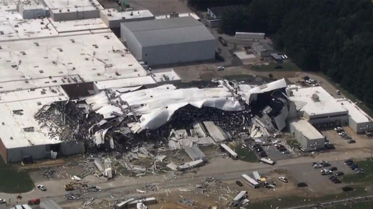 The Pfizer plant is damaged after severe weather passed the area on Wednesday, July 19, 2023 in Rocky Mount, N.C.