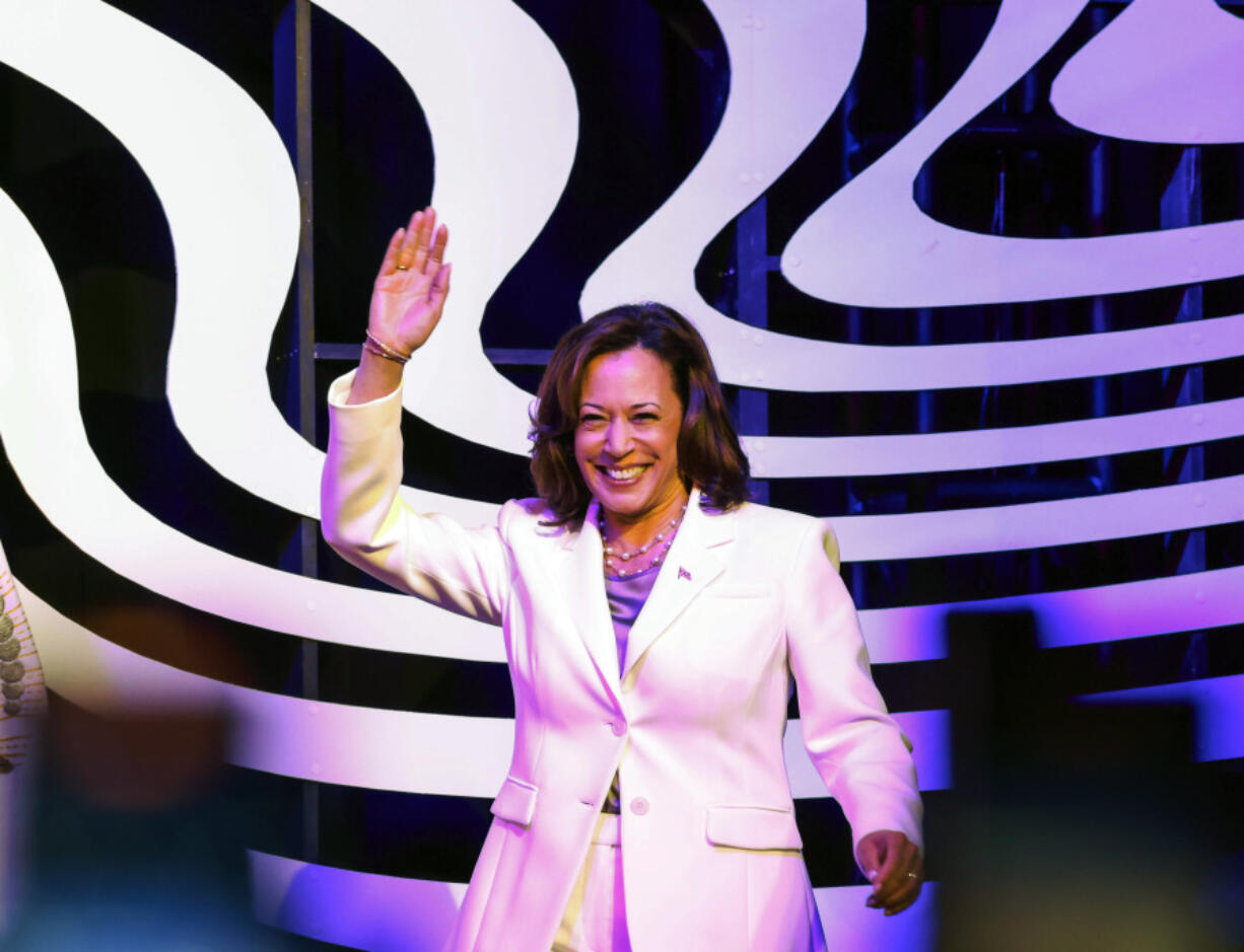 Vice President Kamala Harris waves before a conversation with Sunny Hostin and Monica Simpson during the ESSENCE Festival of Culture at the Ernest N. Morial Convention Center in New Orleans, Friday, June 30, 2023.