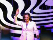 Vice President Kamala Harris waves before a conversation with Sunny Hostin and Monica Simpson during the ESSENCE Festival of Culture at the Ernest N. Morial Convention Center in New Orleans, Friday, June 30, 2023.