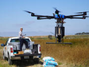 Drone pilot John Savage flies the hexacopter drone loaded with anti-mosquito bacterial spore pellets June 27 at the San Joaquin Marsh Reserve at University of California in Irvine, Calif.