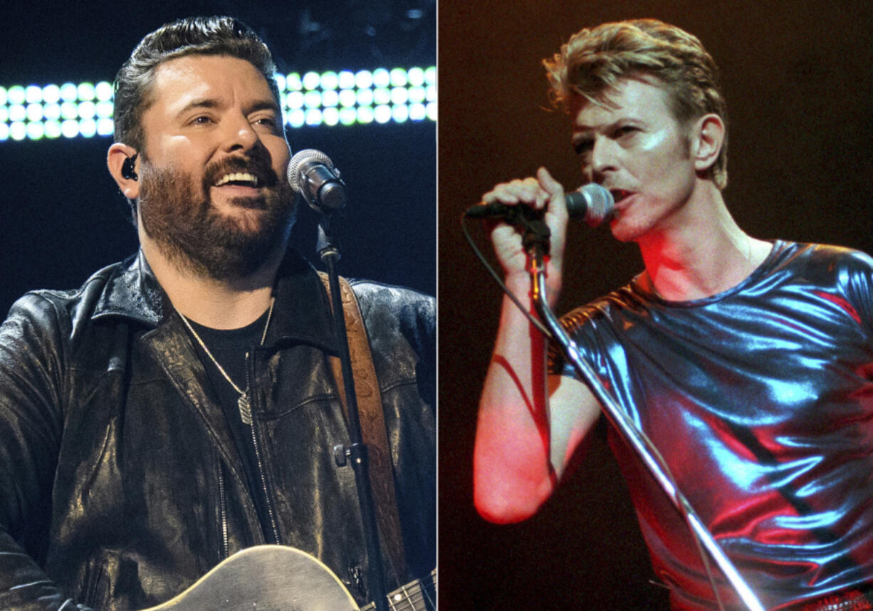 Chris Young performs at the 56th annual Academy of Country Music Awards in Nashville, Tenn., on April 16, 2021, left, and David Bowie performs during a concert in Hartford, Conn., on Sept. 14, 1995. Young's latest single, "Young Love & Saturday Nights," samples Bowie's 1974 hit "Rebel Rebel." Bowie, whose extensive music catalog was sold to Warner Chappell Music last year, is credited posthumously as a songwriter on the track, making it one of the genre-melding icon's few forays into country music.