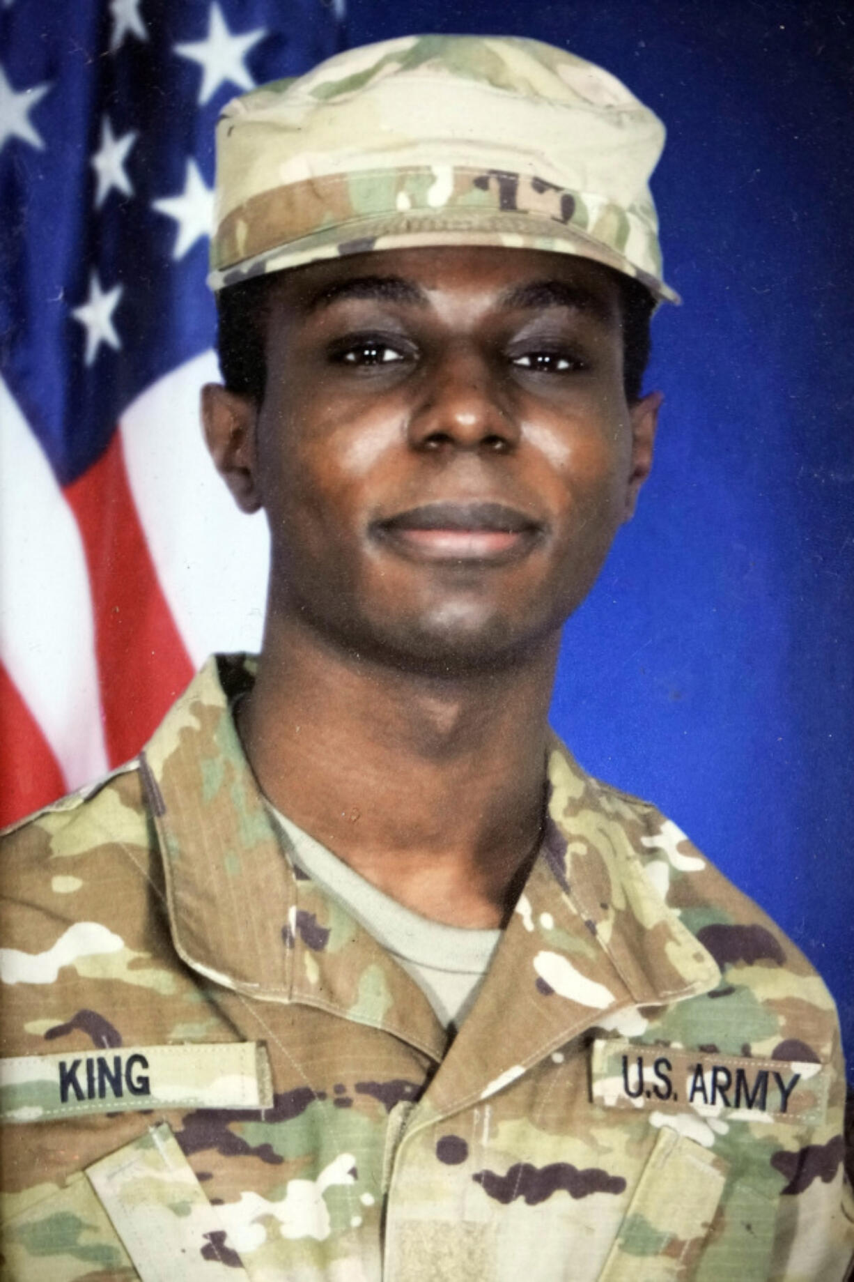 This family photo shows a portrait of American soldier Travis King displayed at the home of his grandfather Carl Gates, Wednesday, July 19, 2023, in Kenosha, Wis. Pvt. King bolted into North Korea while on a tour of the Demilitarized Zone on Tuesday, July 18, a day after he was supposed to travel to a base in the U.S.