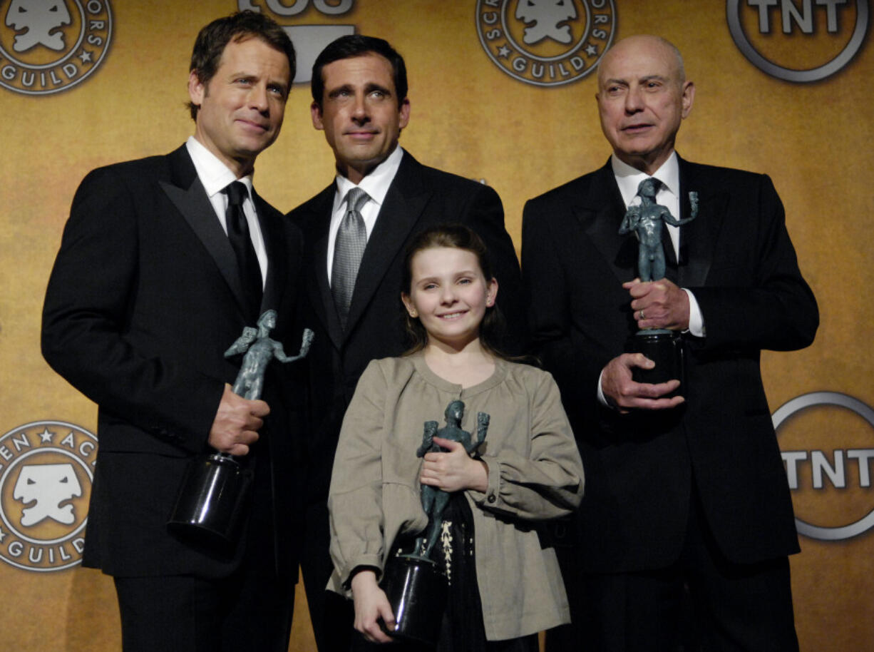 Greg Kinnear, from left, Steve Carell, Abigail Breslin and Alan Arkin hold their awards for outstanding performance in "Little Miss Sunshine," on Jan. 28, 2007, at the 13th Annual Screen Actors Guild Awards in Los Angeles. Arkin died June 29 at age 89.