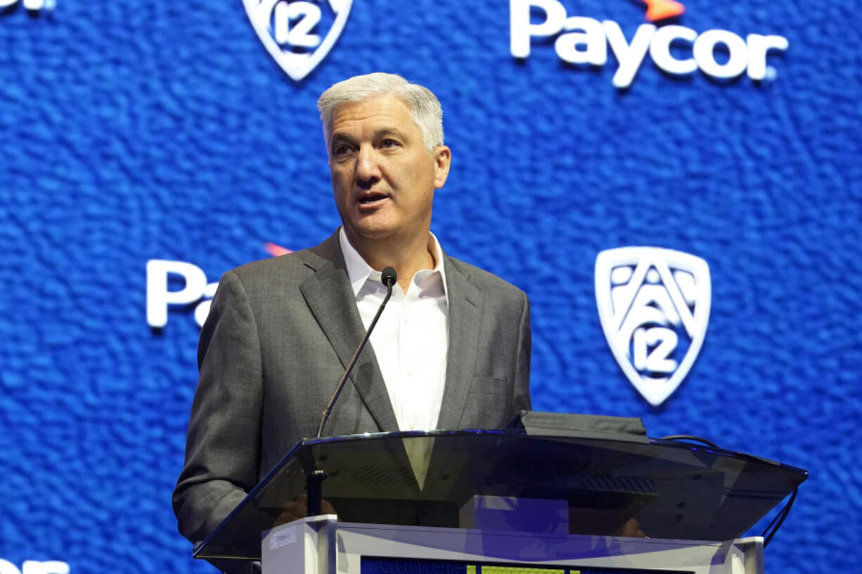 Pac-12 commissioner George Kliavkoff speaks at the NCAA college football Pac-12 media day Friday, July 21, 2023, in Las Vegas.