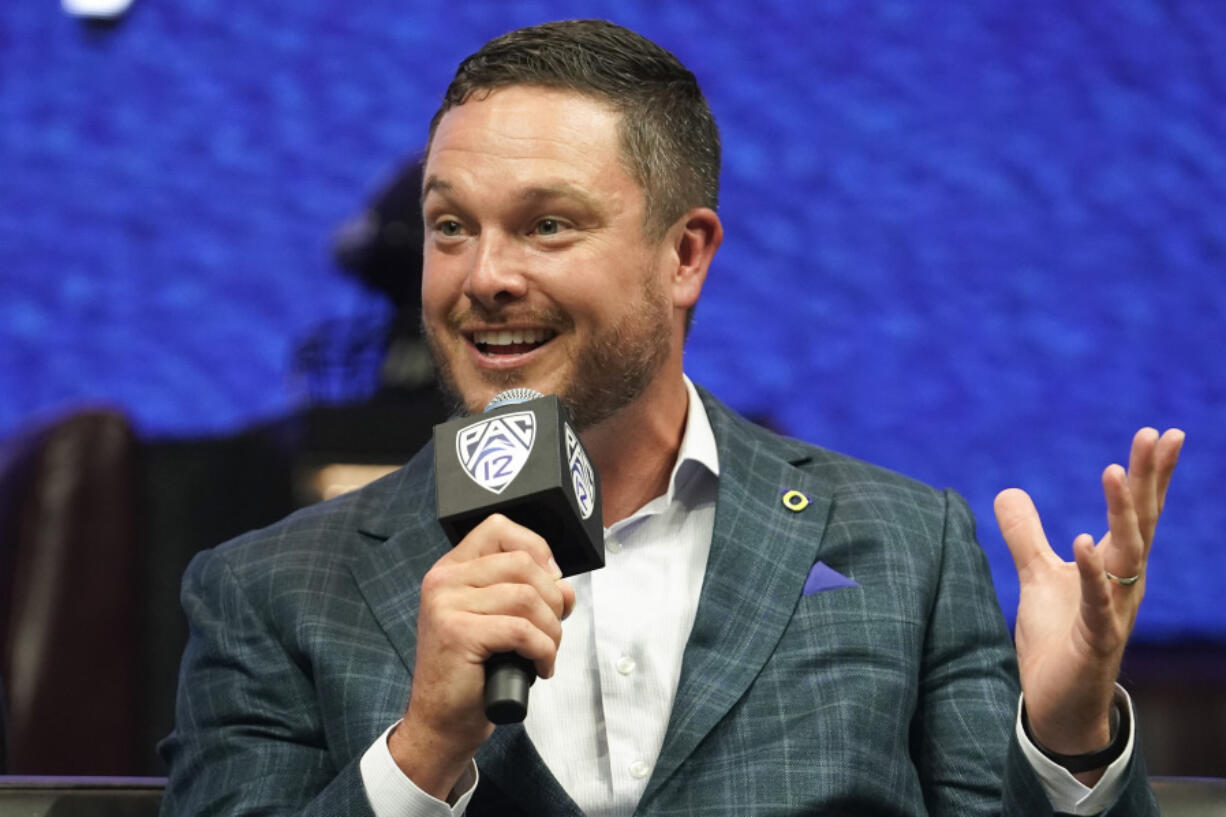 Oregon head coach Dan Lanning speaks at the Pac-12 media day Friday, July 21, 2023, in Las Vegas.