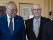 Senate Majority Leader Chuck Schumer, D-N.Y., left, and Senate Minority Leader Mitch McConnell, R-Ky., stand together during a meeting with visiting Italian Prime Minister Giorgia Meloni, at the Capitol in Washington, Thursday, July 27, 2023. Before adjourning for the August recess, the two leaders worked to authorize appropriations for fiscal year 2024 for military activities of the Department of Defense. (AP Photo/J.