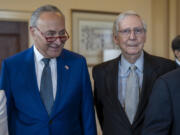 Senate Majority Leader Chuck Schumer, D-N.Y., left, and Senate Minority Leader Mitch McConnell, R-Ky., stand together during a meeting with visiting Italian Prime Minister Giorgia Meloni, at the Capitol in Washington, Thursday, July 27, 2023. Before adjourning for the August recess, the two leaders worked to authorize appropriations for fiscal year 2024 for military activities of the Department of Defense. (AP Photo/J.