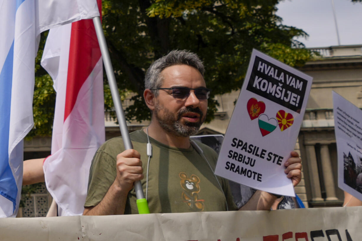 Peter Nikitin, a Russian pro-democracy activist residing in Serbia, shouts slogans during a protest against Russian Foreign Minister Sergey Lavrov's visit in Belgrade, Serbia, Monday, June 6, 2022. Nikitin said Thursday, July 13, 2023, that Serbian authorities have banned him from entering the country upon return from a trip abroad. Nikitin is well known as a fierce critic of Russia's invasion of Ukraine and the regime of Russian President Vladimir Putin. He has been one of the organizers of antiwar and pro-democracy protests in Serbia by the Russians and Ukrainians living in the country.