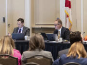 The State Board of Education members, from left to right, Manny Diaz Jr., Ben Gibson, Ryan Petty, and Kelly Garcia meet to make a decision on whether to adopt a number of rules required by new state laws in Orlando, Fla., Wednesday, July 19, 2023. (Willie J.