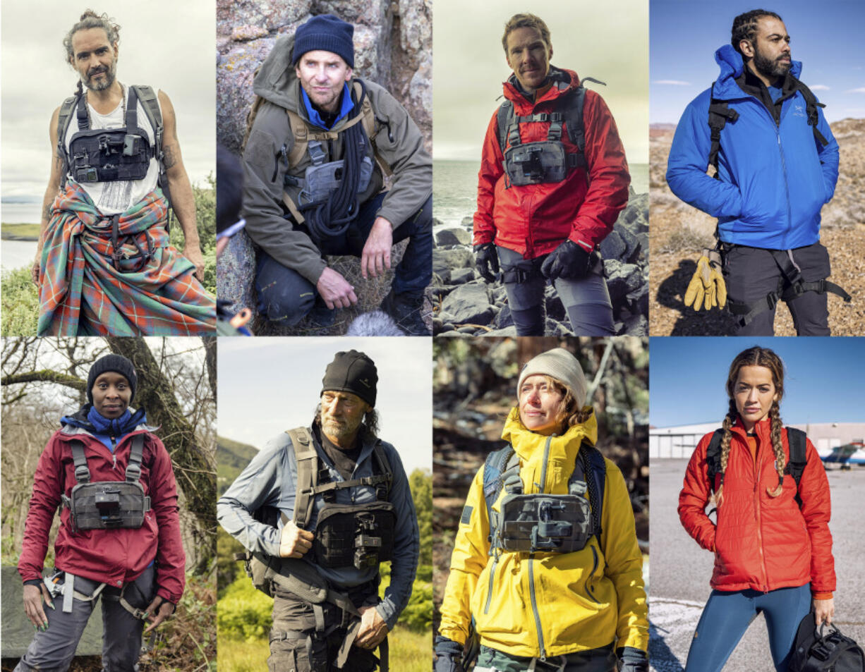 Celebrities, top row from left, Russell Brand, Bradley Cooper, Benedict Cumberbatch, Daveed Diggs, bottom row from left, Cynthia Erivo, Troy Kotsur, Tatiana Maslany and Rita Ora in separate episodes of "Running Wild with Bear Grylls: The Challenge." (Nat Geo)