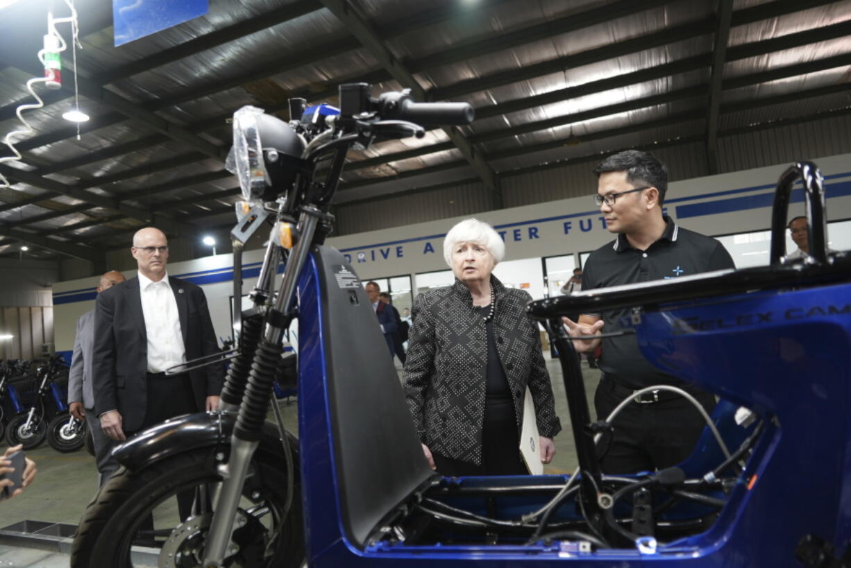 U.S. Treasury Secretary Janet Yellen visits a factory assembling electric scooters in Hanoi, Vietnam on Thursday, July 20, 2023. The U.S. considers building strong economic and security ties with Vietnam a priority, Yellen said as she met with Vietnamese officials in a visit aimed at fortifying America's relations across Asia.