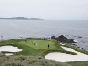 Annika Sorenstam, of Sweden, and Sadie Englemann putt on the seventh green during a practice round for the U.S. Women's Open golf tournament at the Pebble Beach Golf Links, Wednesday, July 5, 2023, in Pebble Beach, Calif.