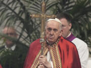 FILE - Pope Francis presides over a mass on St. Peter and Paul's Day in St. Peter's Basilica at The Vatican on June 29, 2023. The Jesuits said Monday, July 24, that a famous artist priest had been definitively expelled from the religious order for sexually, spiritually and psychologically abusing women, and lamented they couldn't prosecute him more vigorously under the Vatican's internal procedures.