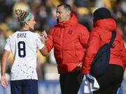 United States' head coach Vlatko Andonovski gestures to Julie Ertz, left, following the Women's World Cup Group E soccer match between the United States and the Netherlands in Wellington, New Zealand, Thursday, July 27, 2023.