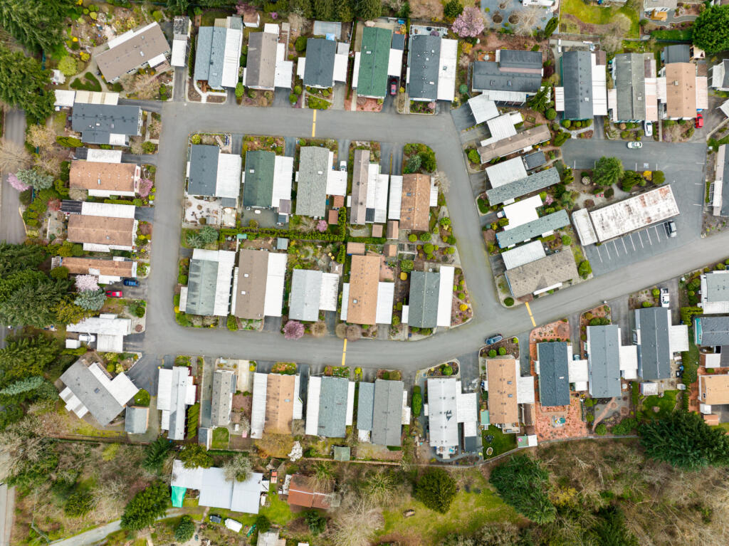 An aerial view of mobile home park in north of Seattle Washington State.