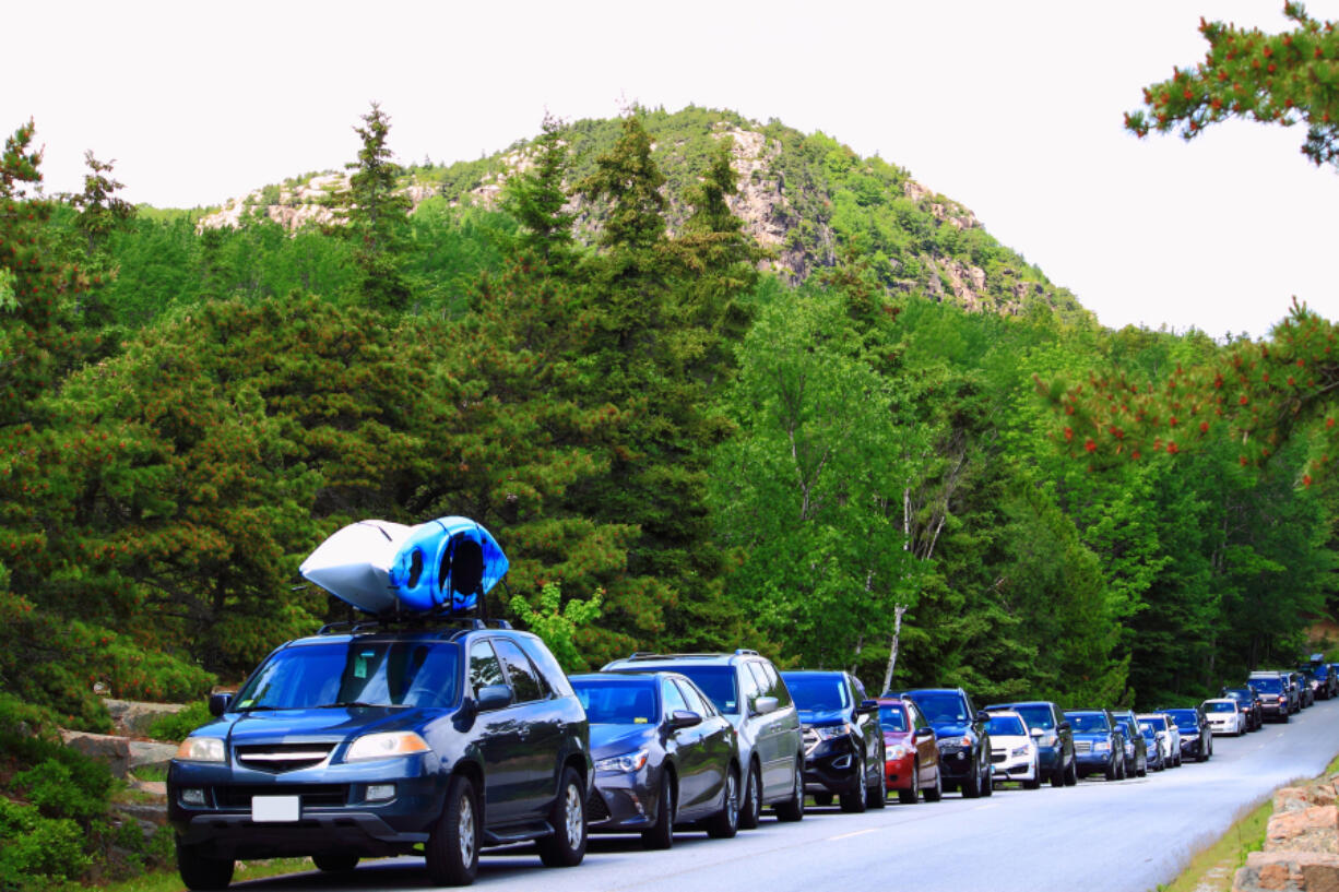 Cars line up to visit Acadia National Park in Maine.