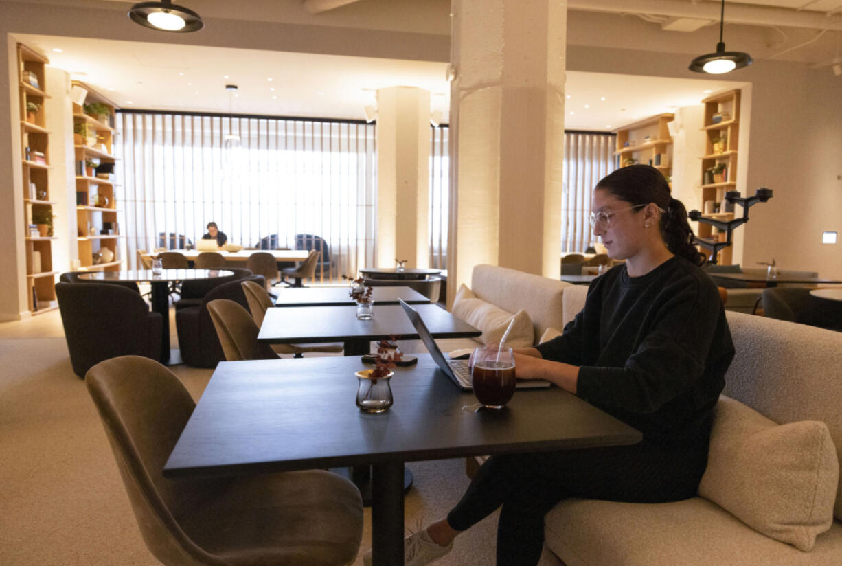 Kara Donato works in the new "elevated co-working space" at BIAN, a private wellness club in Chicago's River North neighborhood, on June 5, 2023. (Eileen T.