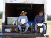 Camilo Martin, left and Jesus Pablo sit in the shade of a truck to eat lunch at the Coopertiva Tierra y Libertad farm Friday, July 7, 2023, in Everson, Wash. Farms and workers must adapt to changing climate conditions.