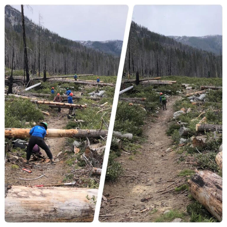 Before and after photos of crews removing downed trees from the Cow Creek Trail, Entiat Valley, in 2022.