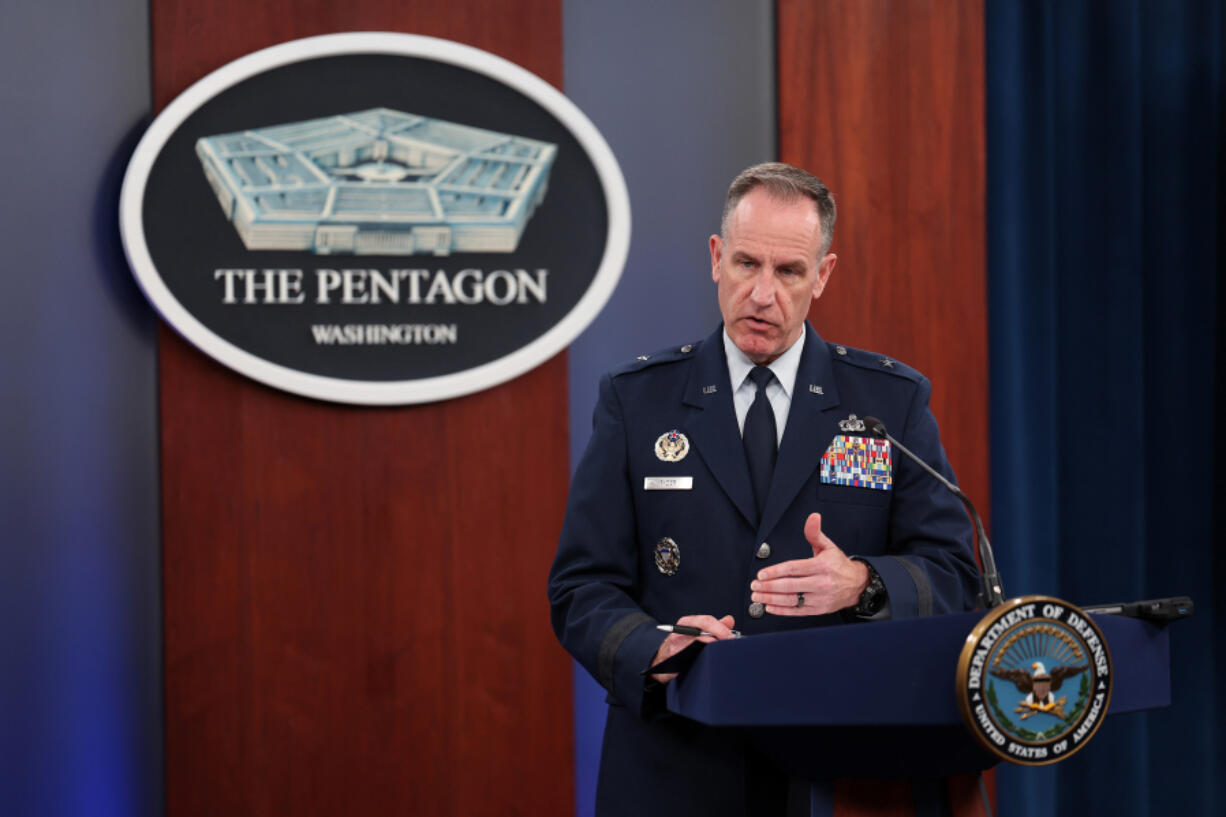 Defense Department spokesman Brig. Gen. Patrick Ryder holds a press conference at the Pentagon on Thursday, Aug. 31, 2023, in Arlington, Virginia. Ryder spoke on the second anniversary of the military withdraw of Afghanistan and gave an update on the newly established website where U.S. government and military personnel can report UAP and UFO sightings.