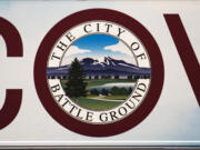The City of Battle Ground seal on the side of a C-Tran bus at Battle Ground City hall (The Columbian files)