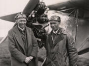 Vergne "Vern" C. Gorst (1876-1953), Pacific Air Transport owner and president, stands left of Claude Ryan, manufacturer of Ryan airplanes often used for airmail runs. The two had just finished a 1926 survey flight of Gorst's West Coast route. Boeing Air Transport bought Gorst's company in 1928. The merger led to United Airlines, making him the "granddaddy" of the airline.