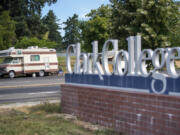 An RV sits across the street from Clark College, along Fort Vancouver Way. The RVs parked on the street had to move by Friday.