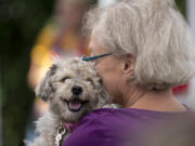 A four-legged friend waits to be seen at the free pet clinic during the Open House Ministries block party Thursday afternoon.