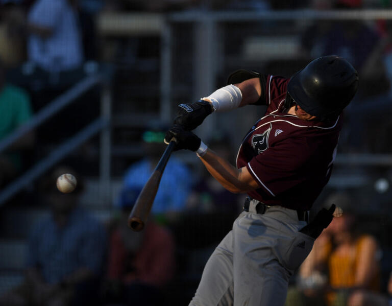 Raptors second baseman Jackson Nicklaus hits the ball Tuesday, Aug. 8, 2023, during the Raptors’ 10-6 loss to the Pickles in the first game of the WCL Divisional Series at Walker Stadium in Portland.