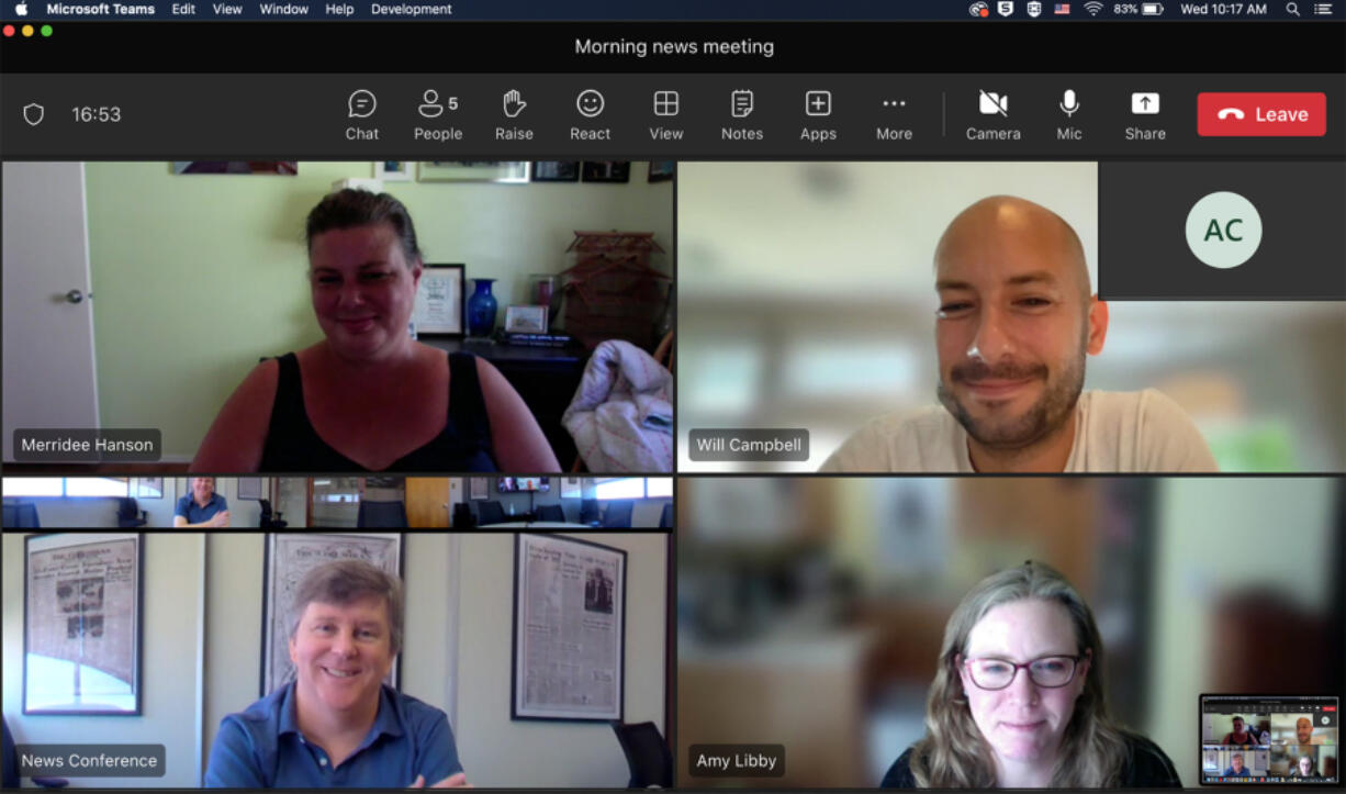 News editor Merridee Hanson, clockwise from top left, joins innovation editor Will Campbell, web editor Amy Libby and metro editor Mark Bowder in the daily morning news meeting via Microsoft Teams on Wednesday morning.