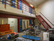 Construction equipment sits in a cell block while crews work on upgrading doors and plumbing at the Clark County Jail.