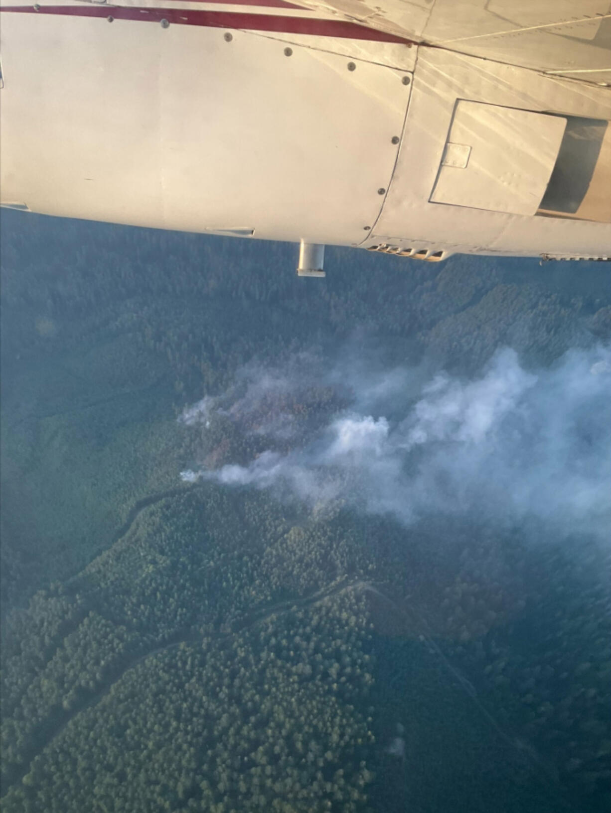 An aerial view of multiple fires burning in the Gifford Pinchot National Forest. Fire near Snagtooth Mountain is leading to road and trail closures in the center of the forest. (Photo contributed by the U.S.
