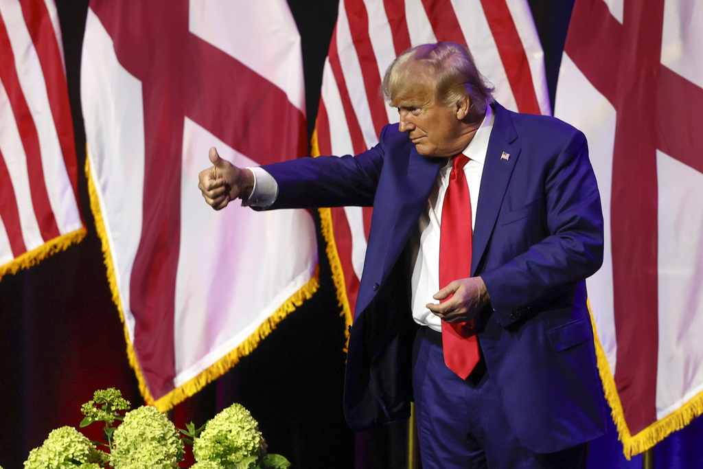 Former President Donald Trump gestures after speaking at a fundraiser event for the Alabama GOP, Friday, Aug. 4, 2023, in Montgomery, Ala.