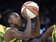 Seattle Storm guard Jewell Loyd scored 19 points including a three-point play with 13.1 seconds left as Seattle rallied to beat the Atlanta Dream 68-67 on Thursday, Aug. 10, 2023. (AP Photo/Ross D.