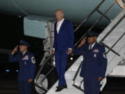 President Joe Biden arrives on Air Force One Thursday, Aug. 10, 2023, at Andrews Air Force Base, Md. Biden is returning from a trip to Arizona, New Mexico, and Utah.